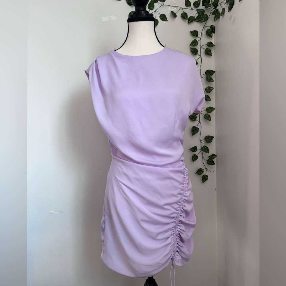 Zara | Short Sleeve Dress Lavender Purple Ruching, Flattering Spring Summer